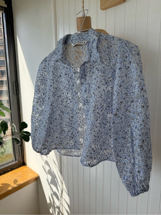 Zara Tops - Zara Pale Blue Floral Lace-Trim Button Front Blouse
